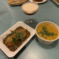 Tarka dahl, Aloo & dahl kachori & chaispresso martini (all vegan & gf)  at Bundobust in Manchester