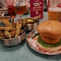 Burger, ocra fries at Bundobust in Manchester