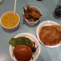 Bhaji burger. Okra fries, puri at Bundobust in Manchester