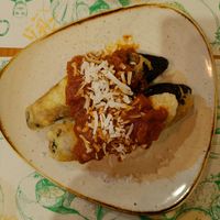 Vegan house speciality stuffed eggplant with vegan cheese at Aashirwad in Kanazawa