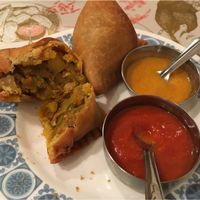 Vegetable samosas. Tomato and sesame chutney. at Aashirwad in Kanazawa