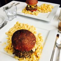 Black beans burger with mac and cheese  at Vegano in Montreal