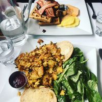 The omelet and chocolate banana waffles  at Vegano in Montreal