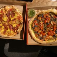 Vegan meat feast (left) and vegan mix (right) with pesto and tomato base at Stoned Pizza in Dublin