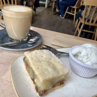 Apple pie and ice cream with oat milk latte at The Apple Pie in Ambleside