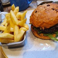 Bean burger & chips. at The Apple Pie in Ambleside