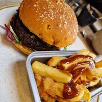 Bean burger & chips. at The Apple Pie in Ambleside