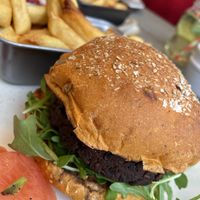 mexican bean burger with salad and jalapeno-corn salsa  at The Apple Pie in Ambleside