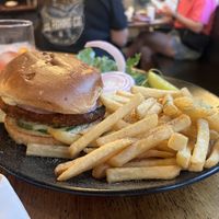 Nashville Chicken Sandwich on a brioche bun with regular fries  at The Hollow in Albany