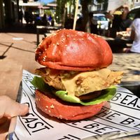 The MORRISSEY - southern fried mock chicken, sweet corn relish, lettuce, tomato & B.East special sauce at The b.east in Brunswick East