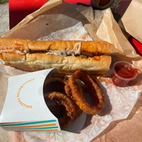 Philly Cheesesteak & Onion Rings at HipCityVeg - Broad St in Philadelphia