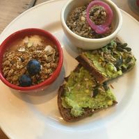 part of vegan brunch (yogurt, lentil spread and avocado toast)   at Le Pain Quotidien - Gelderlandplein in Amsterdam