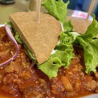 Octavio's Fiesta:
Meatballs, Bolivian Sauce with "Sandwich Stuffing"  at Leonor's Mexican Restaurant in North Hollywood