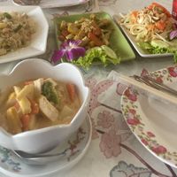 Tofu Fried Rice (no egg), Tofu Red Curry, Tofu stir fried with Garlic and Papaya Salad (no fish sauce).  at Jungle Kitchen in Ao Nang