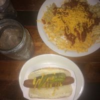hot dog and chilli cheese fries (all vegan)  at Frank in San Antonio