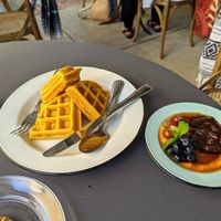 Sweet potato waffles with golden milk chutney. at Pharm Table in San Antonio