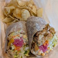 Chick'n ceasar salad wrap w/ chips at NU Kitchen in Somerville