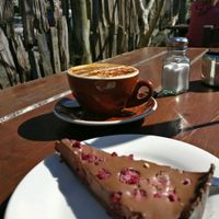 chocolate raspberry torte with soy cap. at Brown Sugar Cafe in Taihape