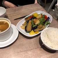 For fried eggplant, potato and beans with rice and soup at Vegetarian Kitchen 素食園坊 in Hong Kong Island