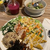 Macrobiotic plate, kimlo soup (half gone), dragonfruit smoothie, hot lemon ginger tea at Bodhi Leaf Eatery in Denpasar