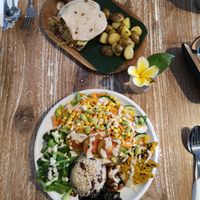 Macrobiotic meal (49K) and falafels pita (45K) very tasty at Bodhi Leaf Eatery in Denpasar