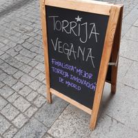Sign advertising their vegan torrija was finalist in a recent competition at Sweet36 in Madrid