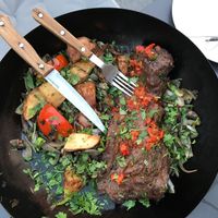 vegan ";steak"; in a pan at Four One Six (416) in Tel Aviv