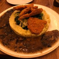 Mushroom Shnitzel with mashed potatoes,  greens and mushroom gravy at Four One Six (416) in Tel Aviv