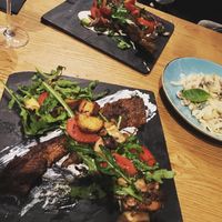 Seitan steak, skewers and fettuccini  at Four One Six (416) in Tel Aviv