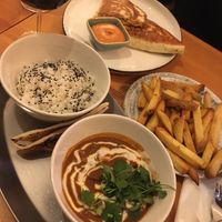 Spicy indian Hot Madras and delicious quesadilla with 1000 islands dip (+fries) at Balans Bistro in Bratislava