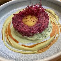 Vegan tatar ”biftek” (beetroot+nuts+mango and avocado cream) highlight of this starter was homemade bread, so delicious!  at Balans Bistro in Bratislava