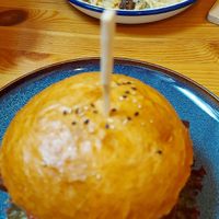 Burger with smoked tofu and dish of the day (vegan pasta carbonara) at Balans Bistro in Bratislava