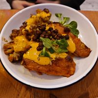 Sweet potatos with cauliflower "wings", roasted chickpeas and sweet peppersauce at Balans Bistro in Bratislava