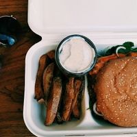 The mexiko burger + the fries + garlic dip at Balans Bistro in Bratislava