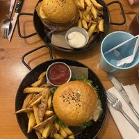 Crunchy burger and Balan burger with fries  at Balans Bistro in Bratislava