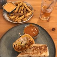 Birria burrito and belgian fries with chipotle dip  at Balans Bistro in Bratislava