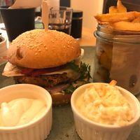 Mexican burger with homemade fries  at Balans Bistro in Bratislava