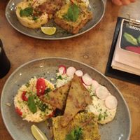 Robi with veggie rice and potato puree at Balans Bistro in Bratislava