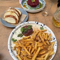 Juicy Marbles Steak with fries in green pepper sauce  at Balans Bistro in Bratislava