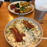 Bryndza Dumplings (Juicy Marbles steak on other plate) at Balans Bistro in Bratislava