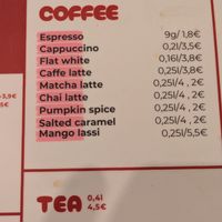Coffee menu (all available with oat milk) at Balans Bistro in Bratislava