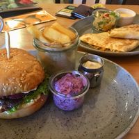 Burger and mushrooms tortilla  at Balans Bistro in Bratislava