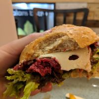 Balan burger. Great vegan cheese. Tasty fries in the background. at Balans Bistro in Bratislava