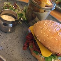 mexican burger with baked fries! my go to at Balans Bistro in Bratislava