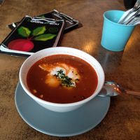 Soup of the day: cabbage, tempeh, potatoes, dried prunes. Spicy and filling! at Balans Bistro in Bratislava