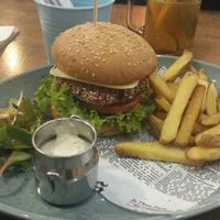 Balans burger, delicious fries, and amazing sauce! at Balans Bistro in Bratislava