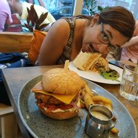 My no-vegan wife appreciating her meal !! (I tasted it ... very good) !!  at Balans Bistro in Bratislava