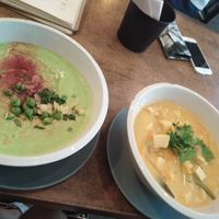 green pea soup and tom yum soup at Balans Bistro in Bratislava
