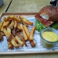 Green burger with grilled tofu, Belgian fries and honey mustard sauce at Balans Bistro in Bratislava