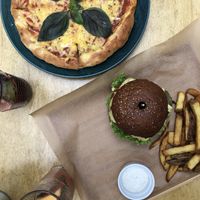 Balans burger and pizza magharita at Balans Bistro in Bratislava